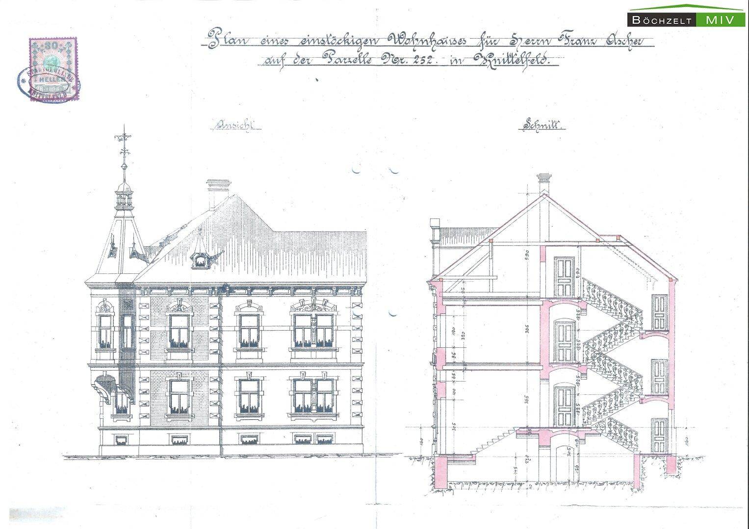 Historische Fassadenansicht und Schnittzeichnung des Gebäudes mit Treppenhaus.