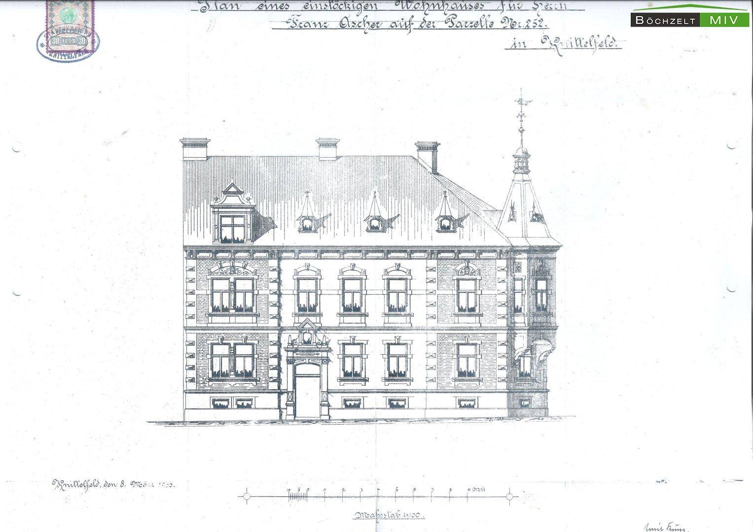 Historische Fassadenansicht des Gebäudes mit detaillierten architektonischen Merkmalen.
