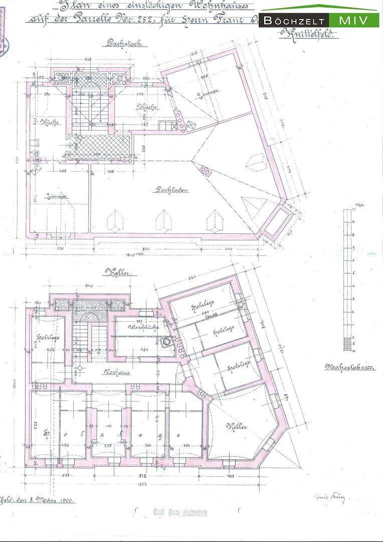 Historischer Grundriss des Dachgeschosses und Kellers mit Raumaufteilung.