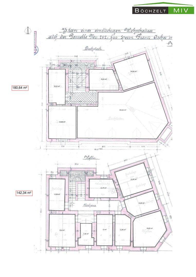 Historischer Grundriss des Dachgeschosses und Kellers mit Flächenangaben.