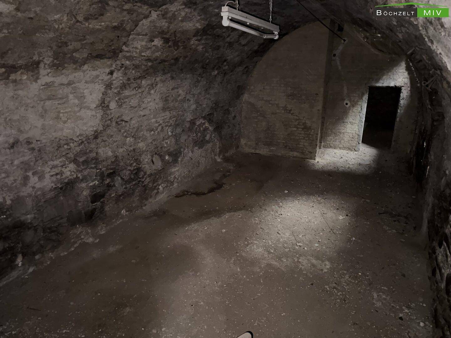 Gewölbter Kellerraum mit Steinwänden und Betonboden, der auf eine Nutzung wartet.