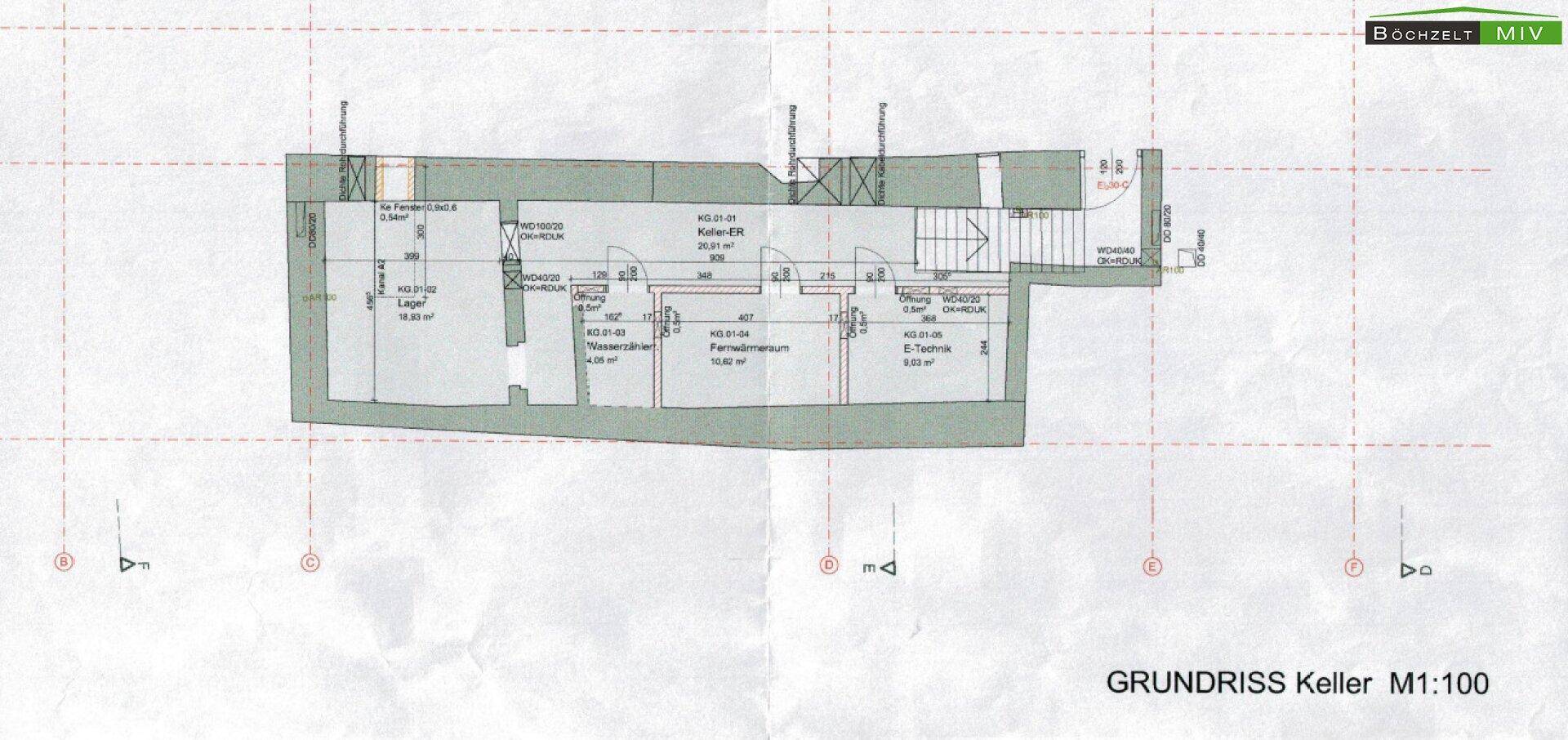 Detaillierter Grundriss des Kellers mit Lagerflächen und Technikräumen.