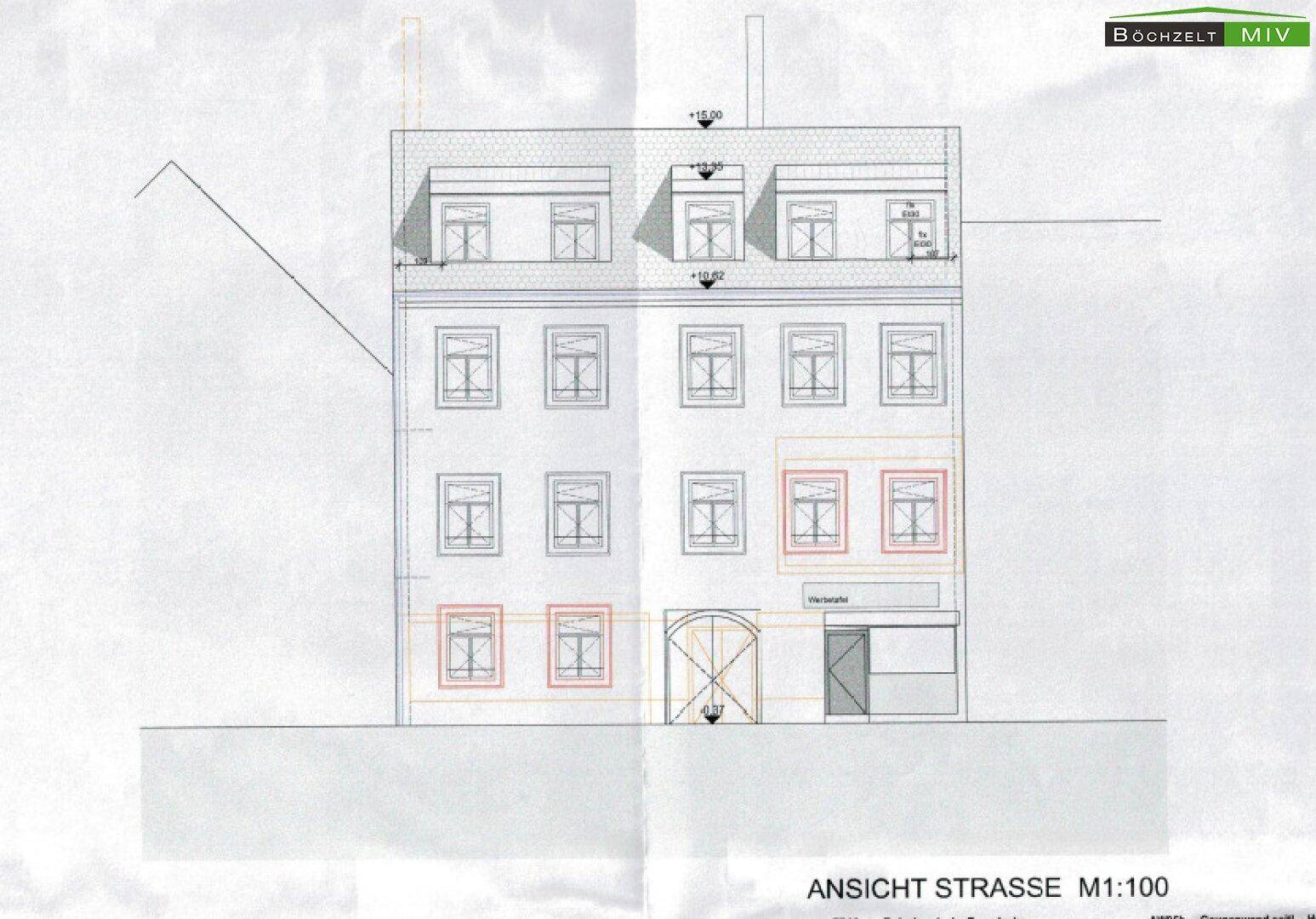 Architektonische Ansicht der Straßenfassade des Gebäudes mit Fenstern und Eingangsbereich.