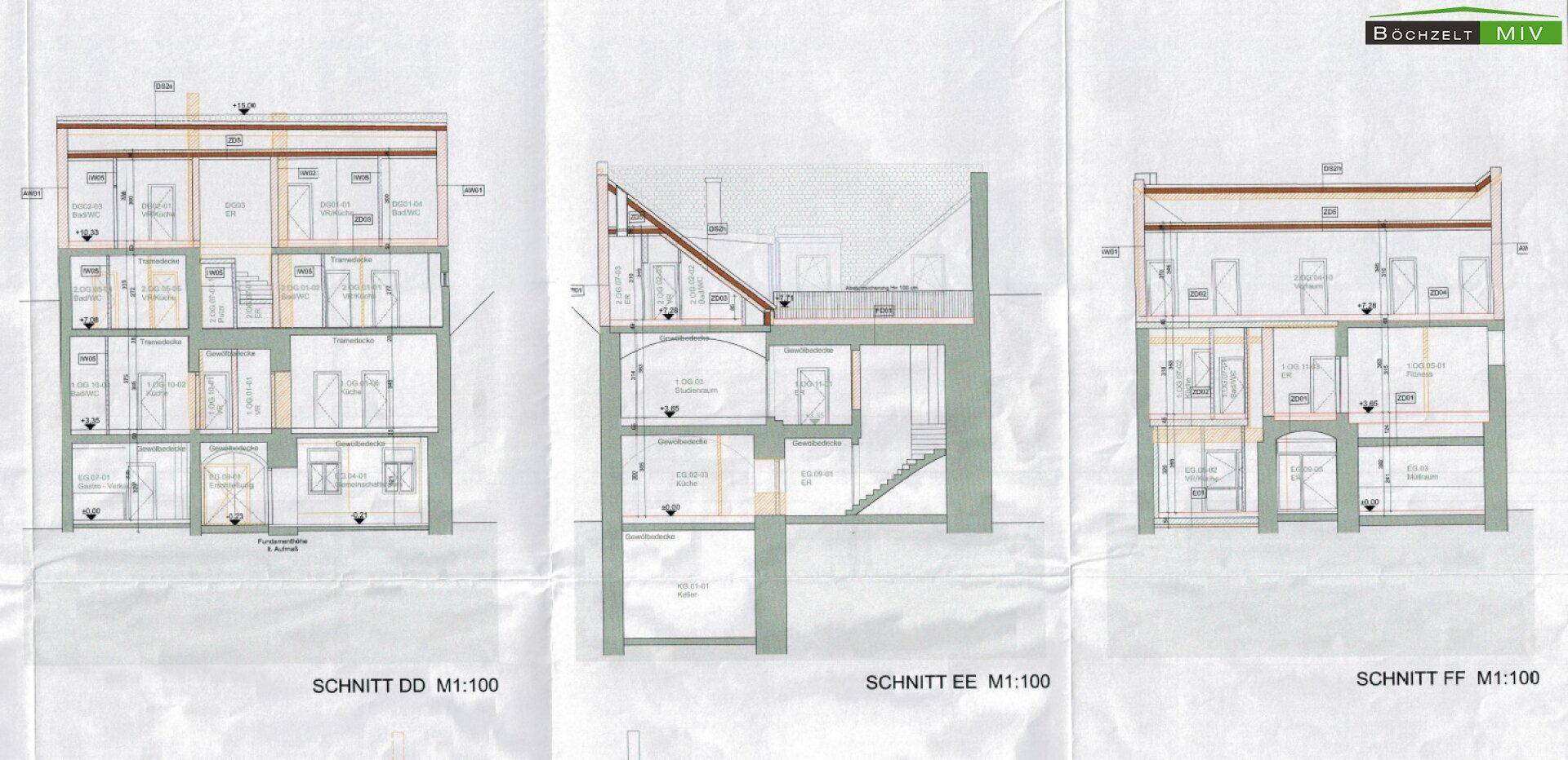 Weitere architektonische Schnitte des Gebäudes, die verschiedene Bereiche und Ebenen darstellen.