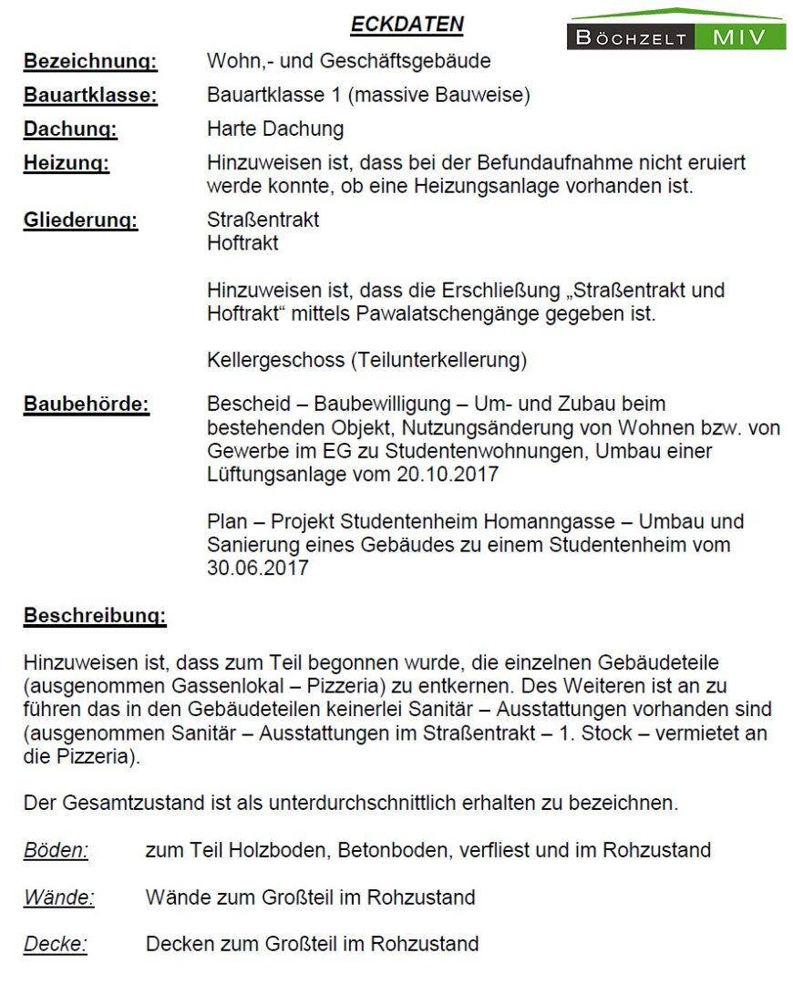 Eckdaten Bausubstanz lt. SV Hirschler