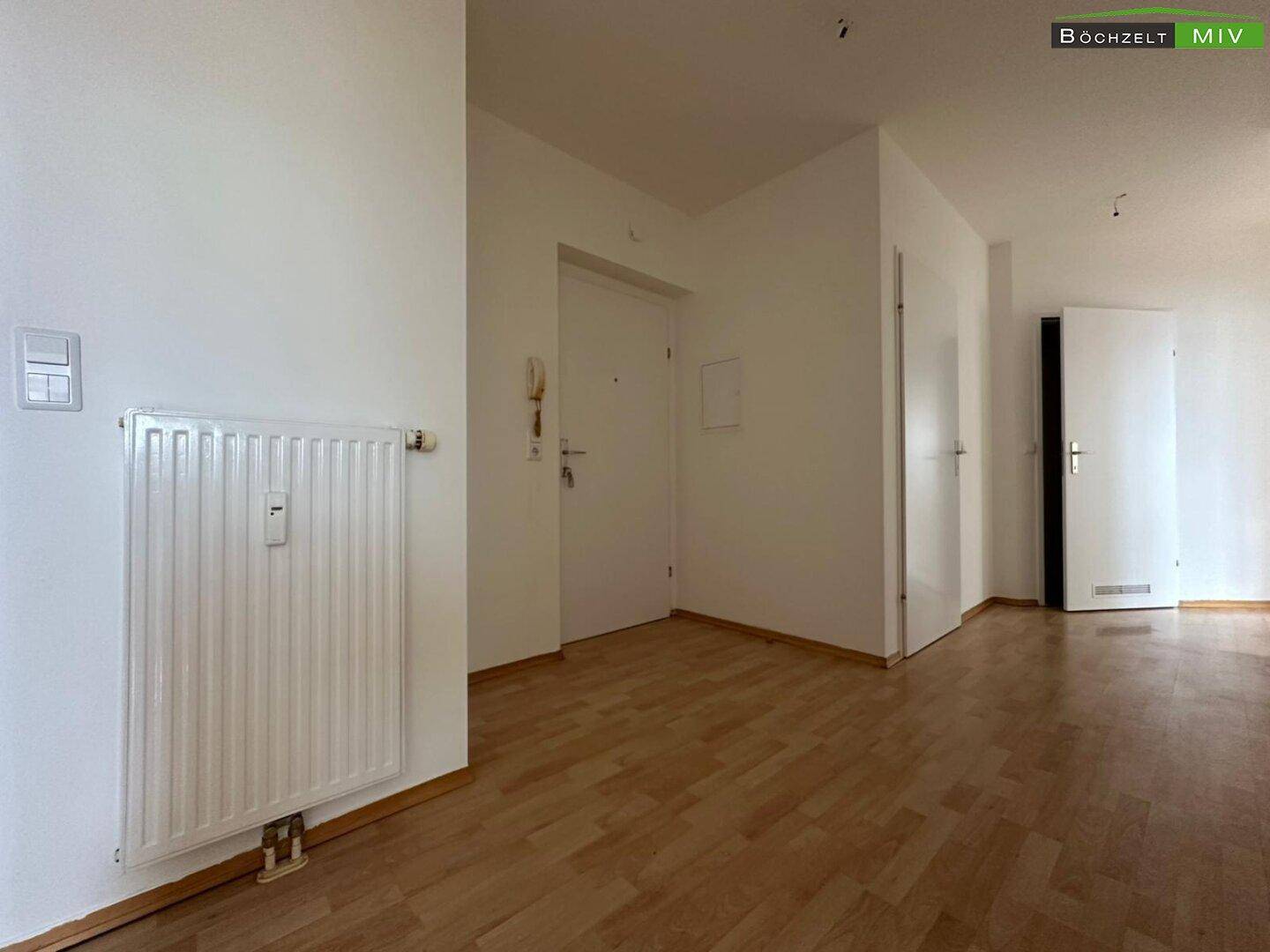 Heller Eingangsbereich mit Parkettboden, weißer Tür und Heizkörper.