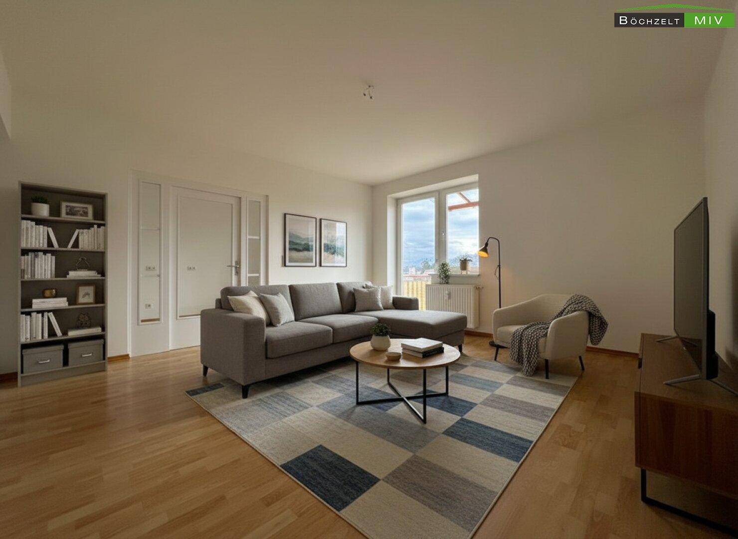 Virtuell inszeniertes Wohnzimmer mit modernem Sofa, Teppich und Zugang zum Balkon mit Bergblick.