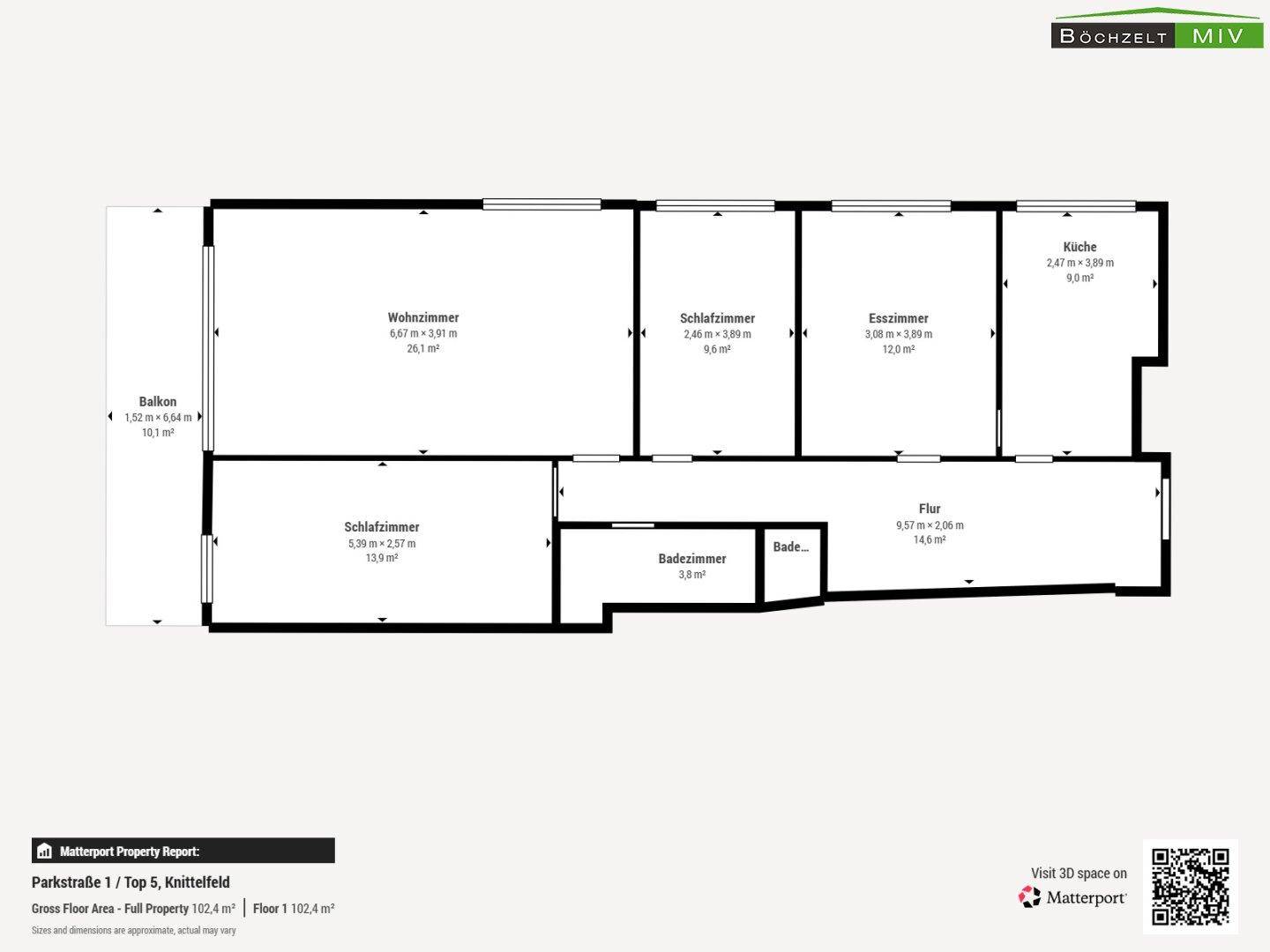 Grundriss der Wohnung mit mehreren Zimmern, Badezimmer, WC und Balkon.