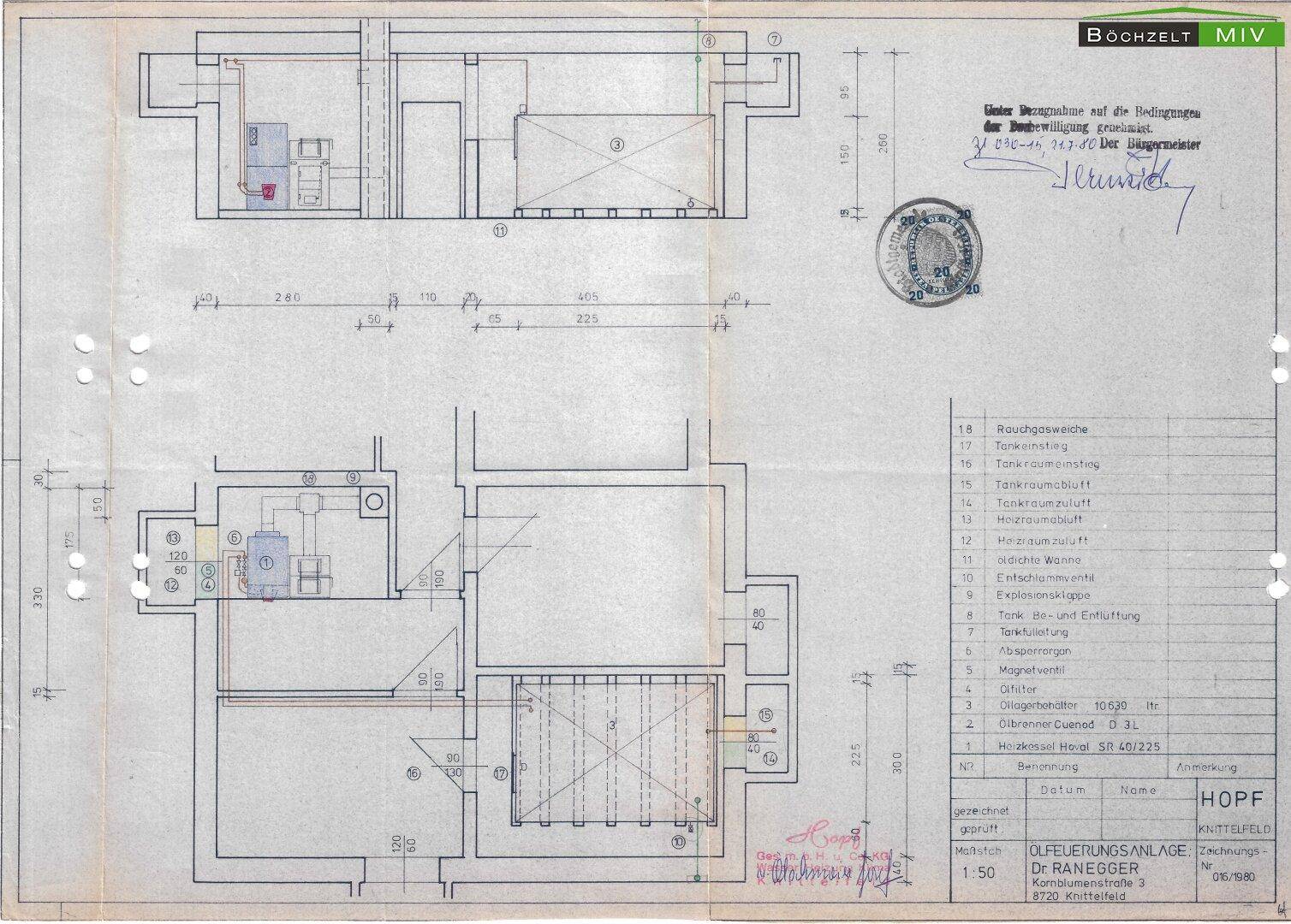 Technischer Plan einer Ölfeuerungsanlage mit Tankraum und Heizkessel im Kellerbereich.