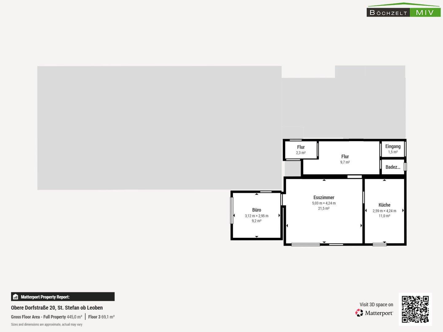 Grundriss des dritten Stocks mit Küche, Esszimmer, Büro und Badezimmer.