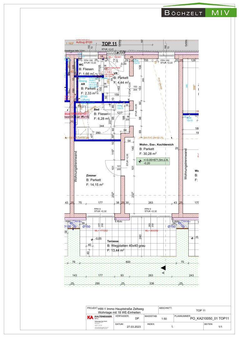 Detaillierter Grundriss einer Wohnung mit Wohn-, Ess- und Kochbereich sowie Terrasse.