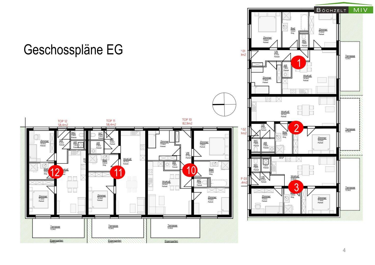 Geschosspläne für mehrere Erdgeschosswohnungen mit Terrassen und Gärten.