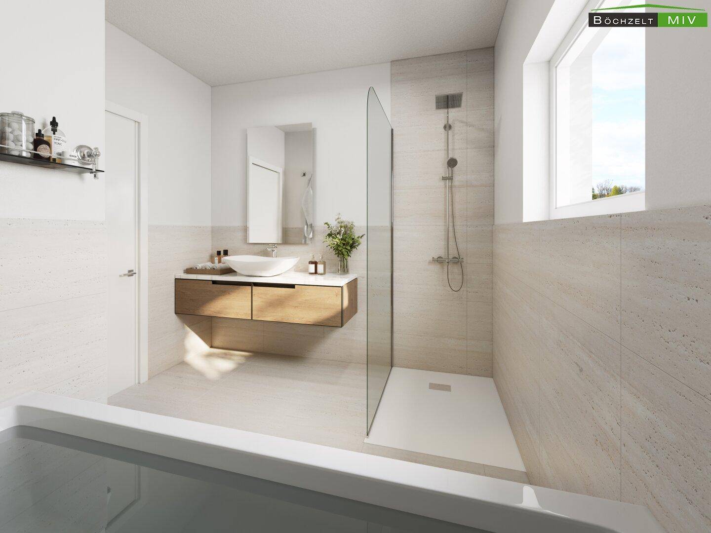 Modernes Badezimmer mit begehbarer Dusche, Badewanne und Fenster für Tageslicht.
