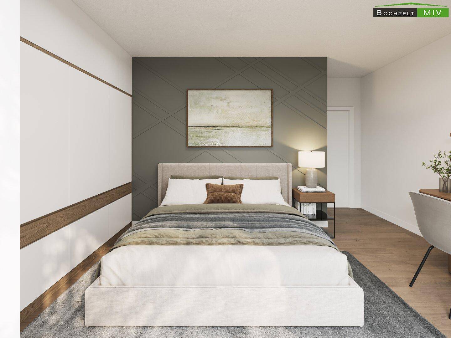 Gemütliches Schlafzimmer mit Doppelbett, Holzboden und stilvoller Wandgestaltung.