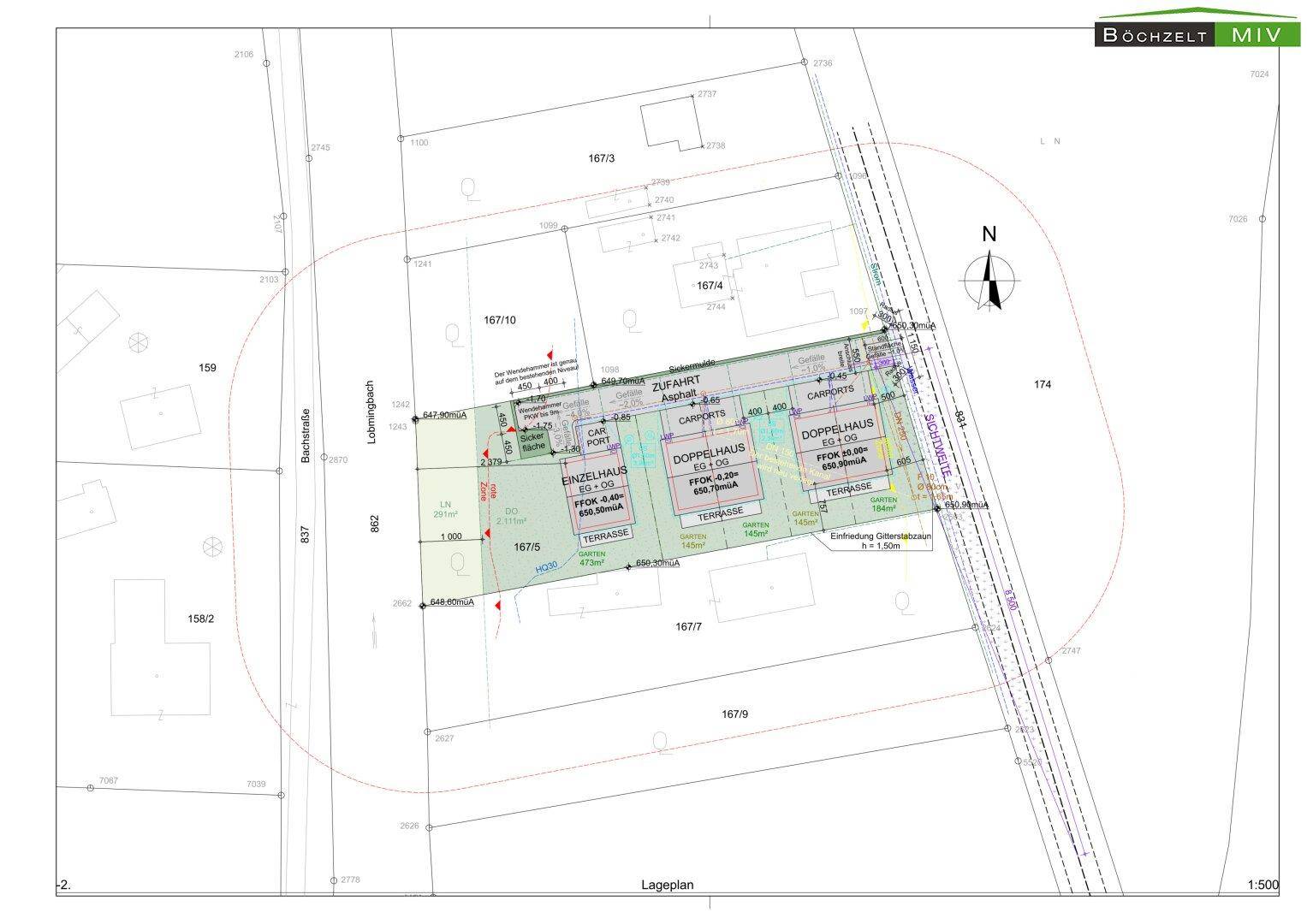Lageplan des Grundstücks mit eingezeichneten Doppelhäusern, Carports und Terrassenbereichen.