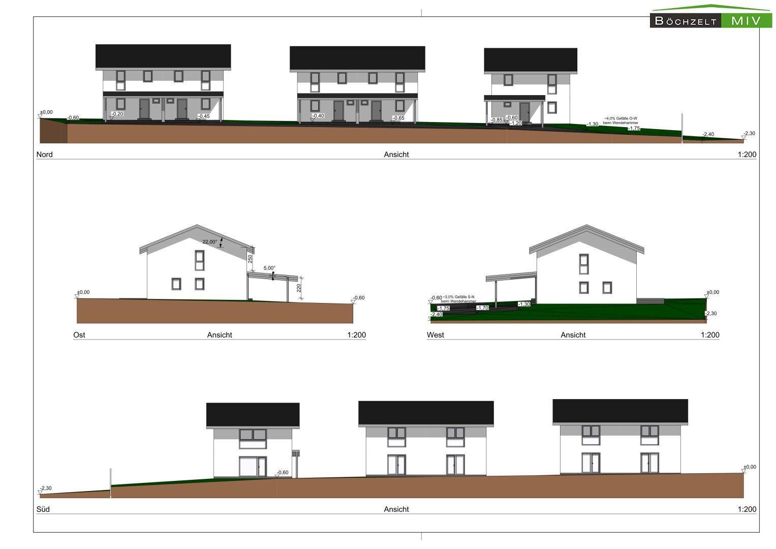 Architektonische Ansichten der Doppelhäuser von verschiedenen Seiten mit Geländeverlauf.