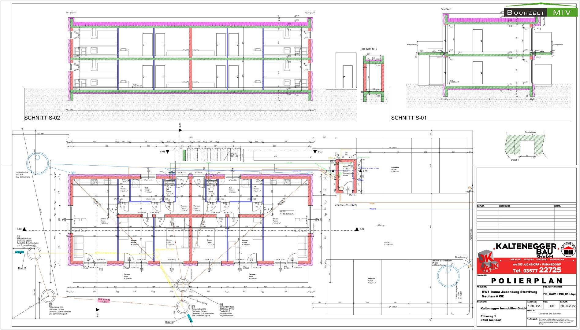 Technischer Plan mit Grundrissen und Schnitten einer mehrstöckigen Wohnanlage.