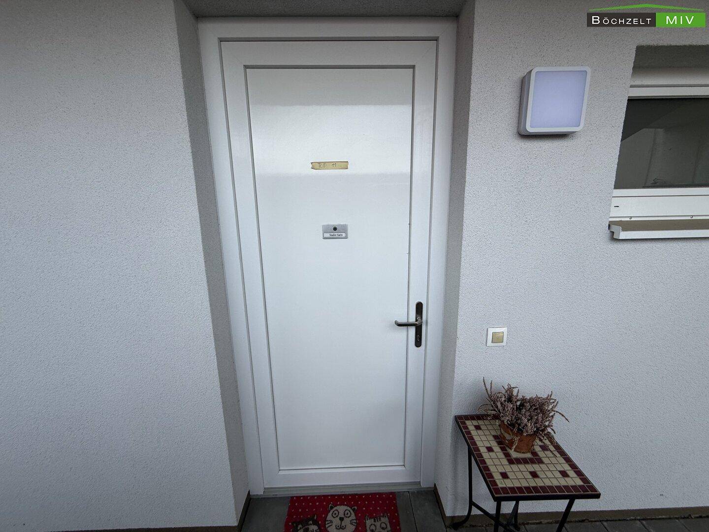 Moderne weiße Eingangstür einer Wohnung mit kleiner Dekoration im Außenbereich.