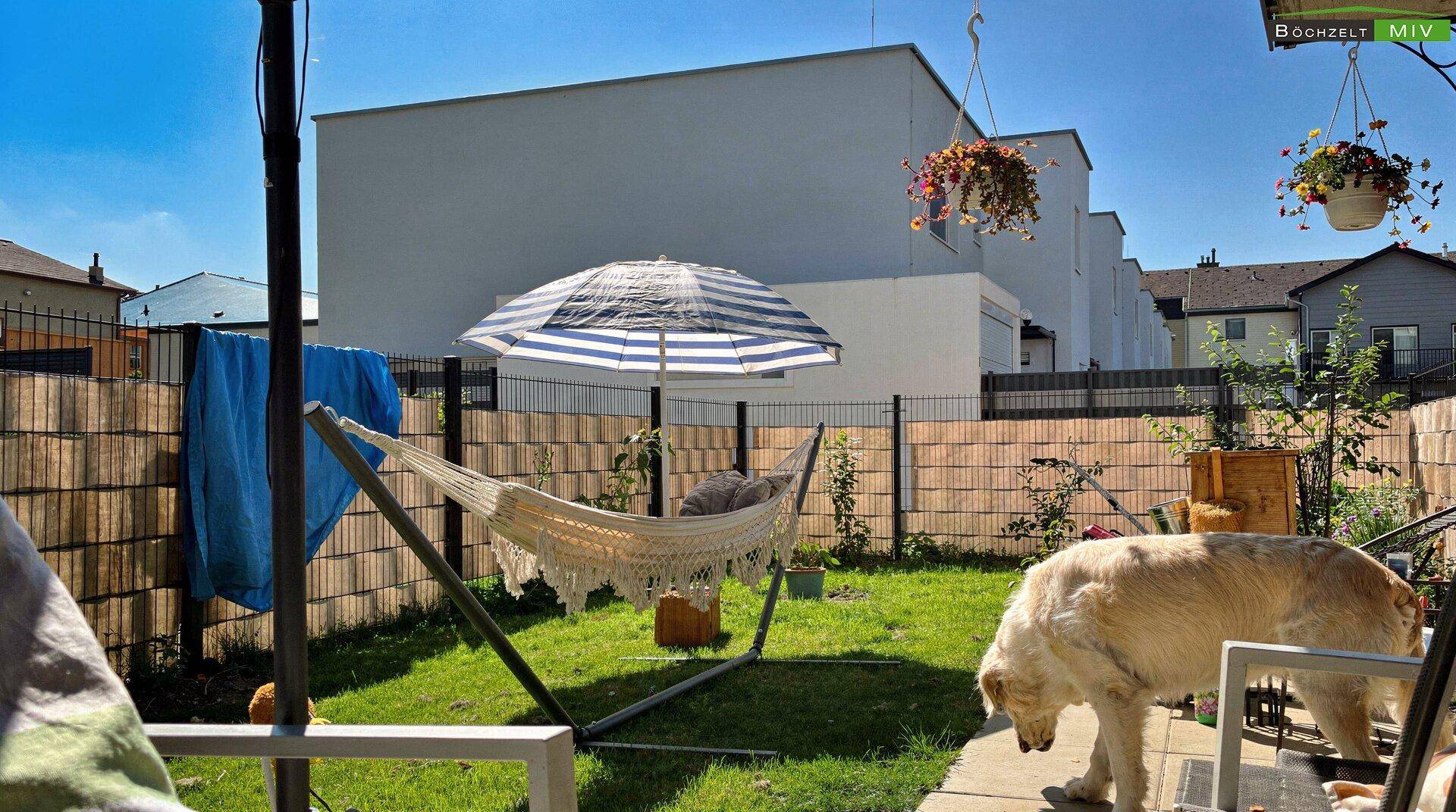 Entspannter Gartenbereich mit Hängematte, Rasenfläche und Sichtschutz.