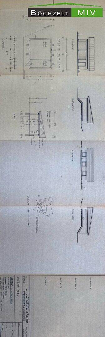 Bauplan mit verschiedenen Ansichten und Schnitten des Gebäudes, inklusive Garage und Abstellraum.