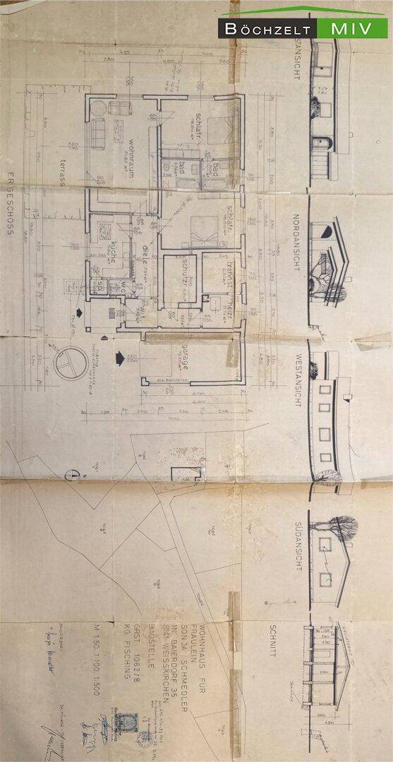Umfassender Bauplan mit Grundriss, Ansichten und Schnitten des Wohnhauses und des Grundstücks.