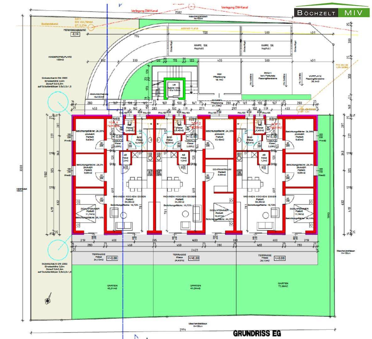 Grundriss des Erdgeschosses mit mehreren Wohneinheiten, Terrassen und Gärten.