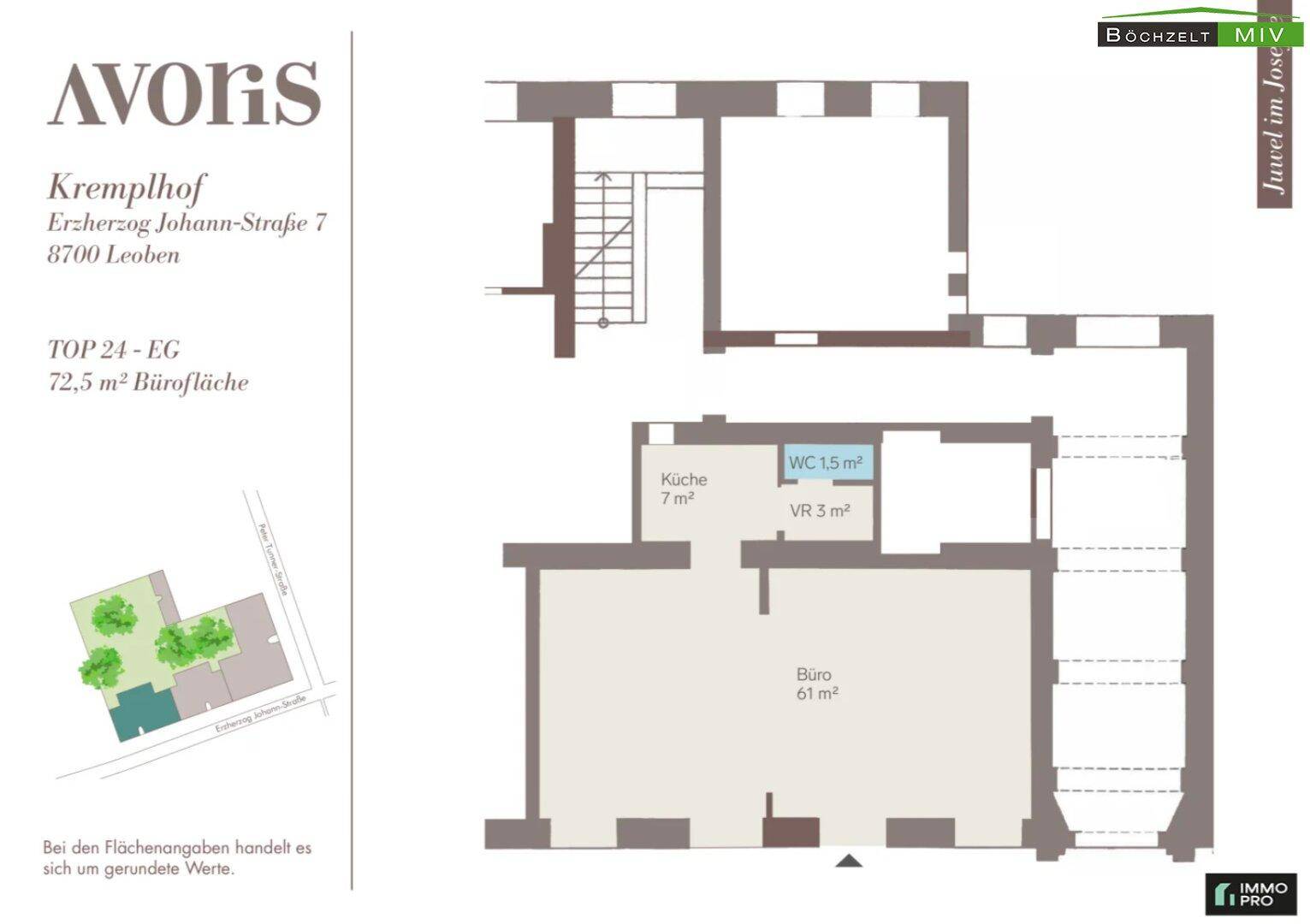 Grundriss für ein Büro mit 72,5 m² Fläche, inklusive Küche und WC.