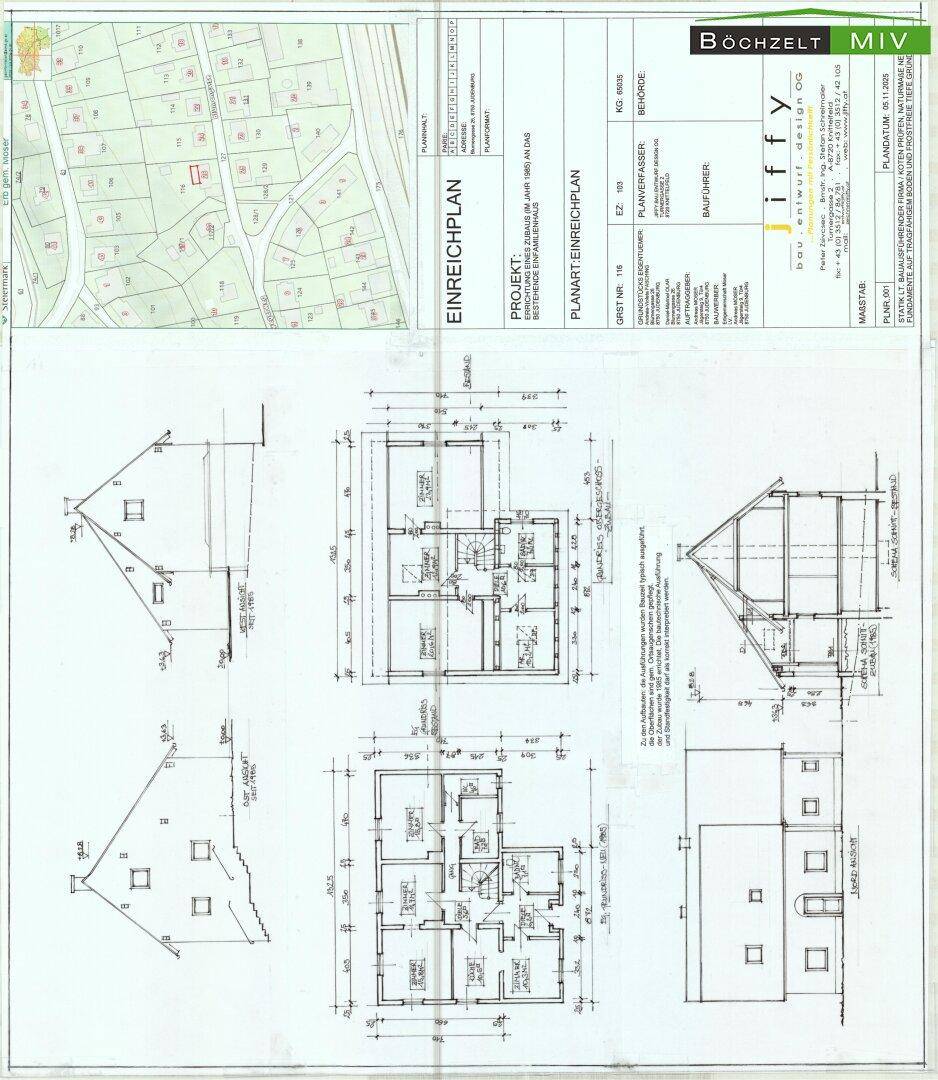 Umfassender Einreichplan mit Grundrissen, Ansichten und Lageplan des Grundstücks.
