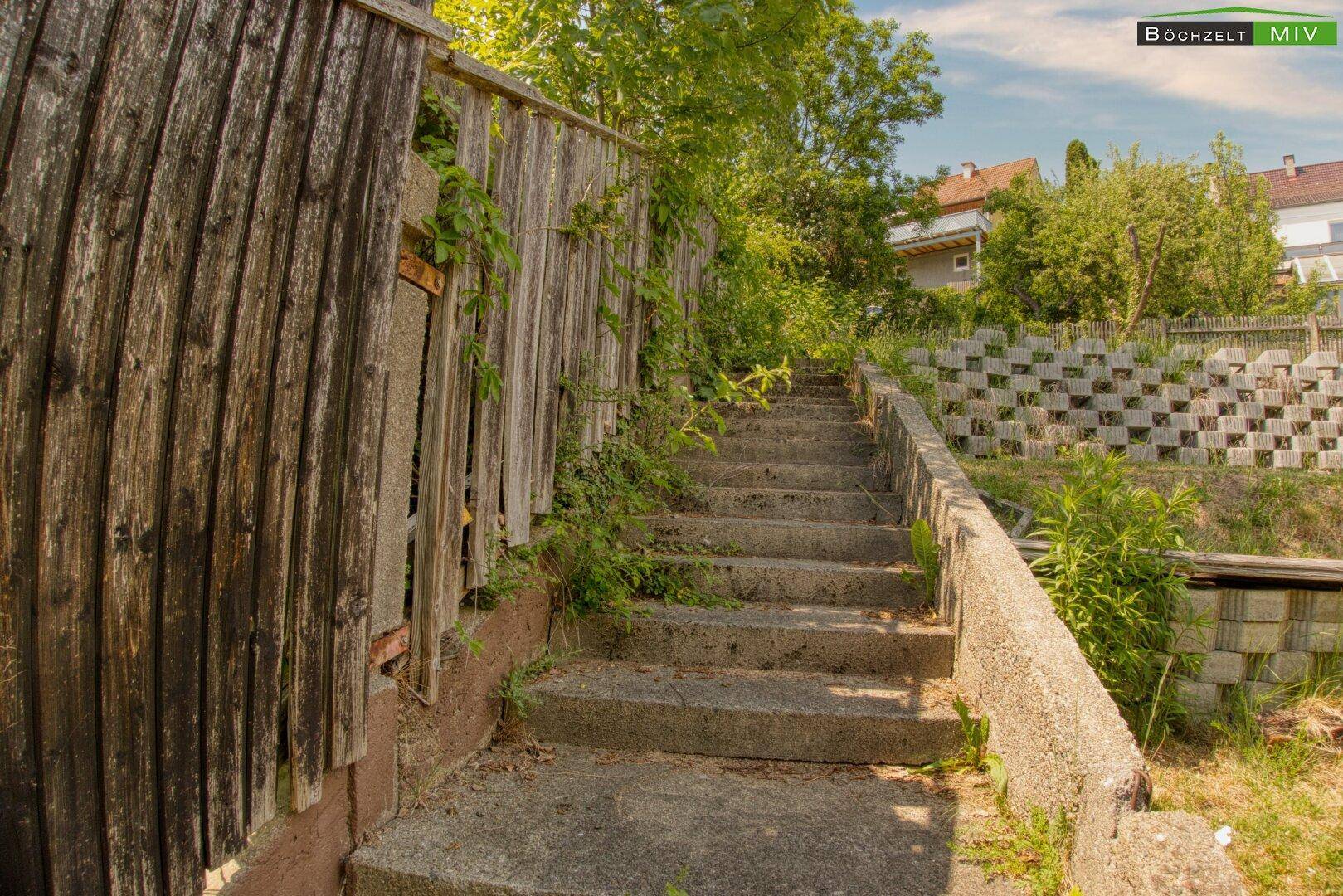 Steintreppe im Gartenbereich, umgeben von üppigem Grün und Holzzaun.