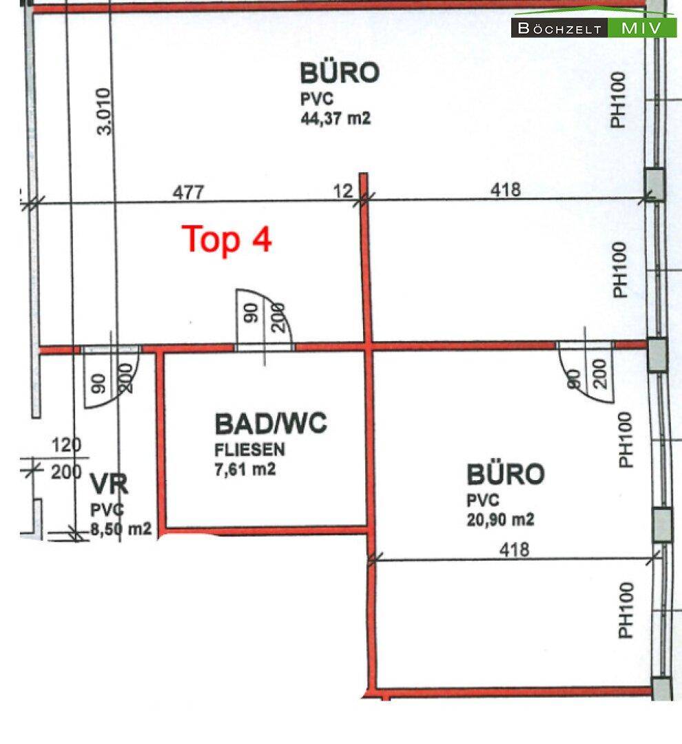 Detailansicht eines Büro-Grundrisses mit zugehörigem Bad und Vorraum.