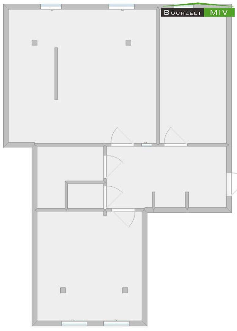 Grundrissplan einer Wohnung mit mehreren Räumen und Fenstern.