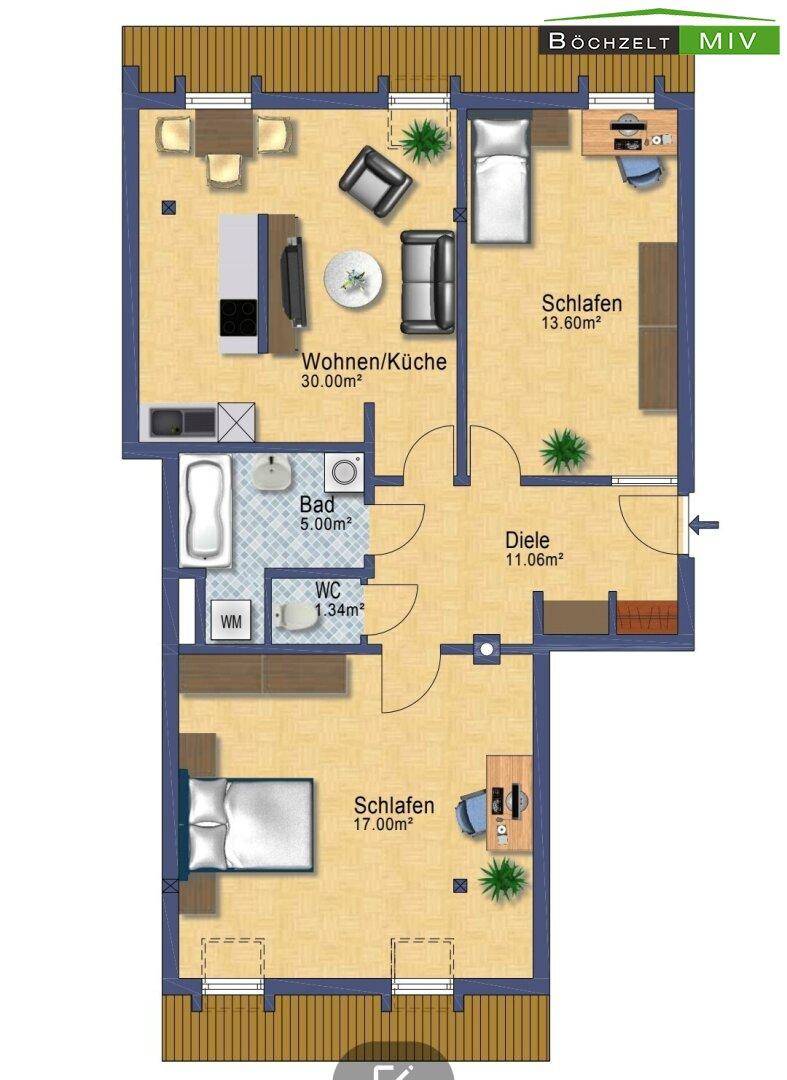 Detaillierter Grundriss einer Wohnung mit Wohn-/Küche, Schlafzimmern, Bad und Diele.