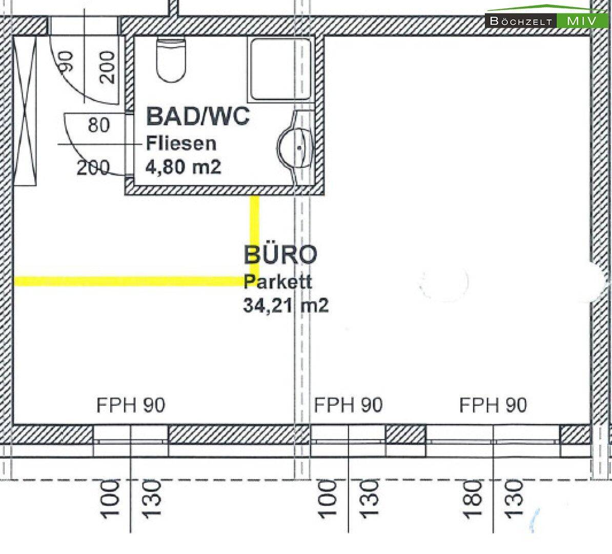 Grundriss zeigt ein Badezimmer mit WC und einen Bürobereich mit Parkettboden.