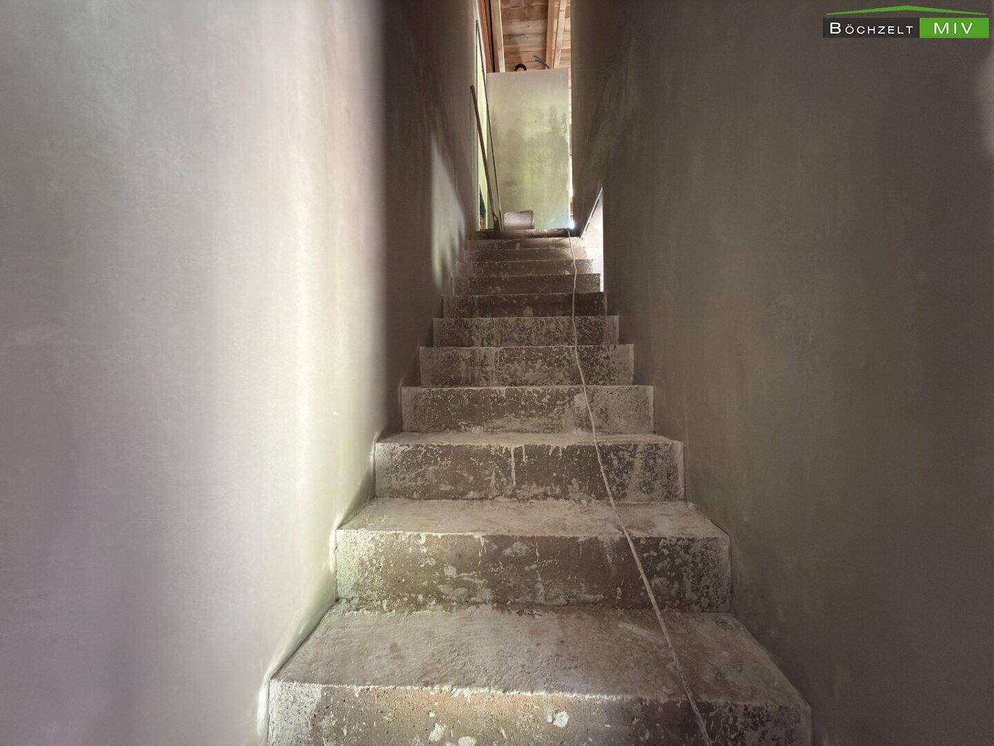 Betontreppe im Rohbau, die in das obere Stockwerk führt, mit verputzten Wänden und einfacher Beleuchtung.