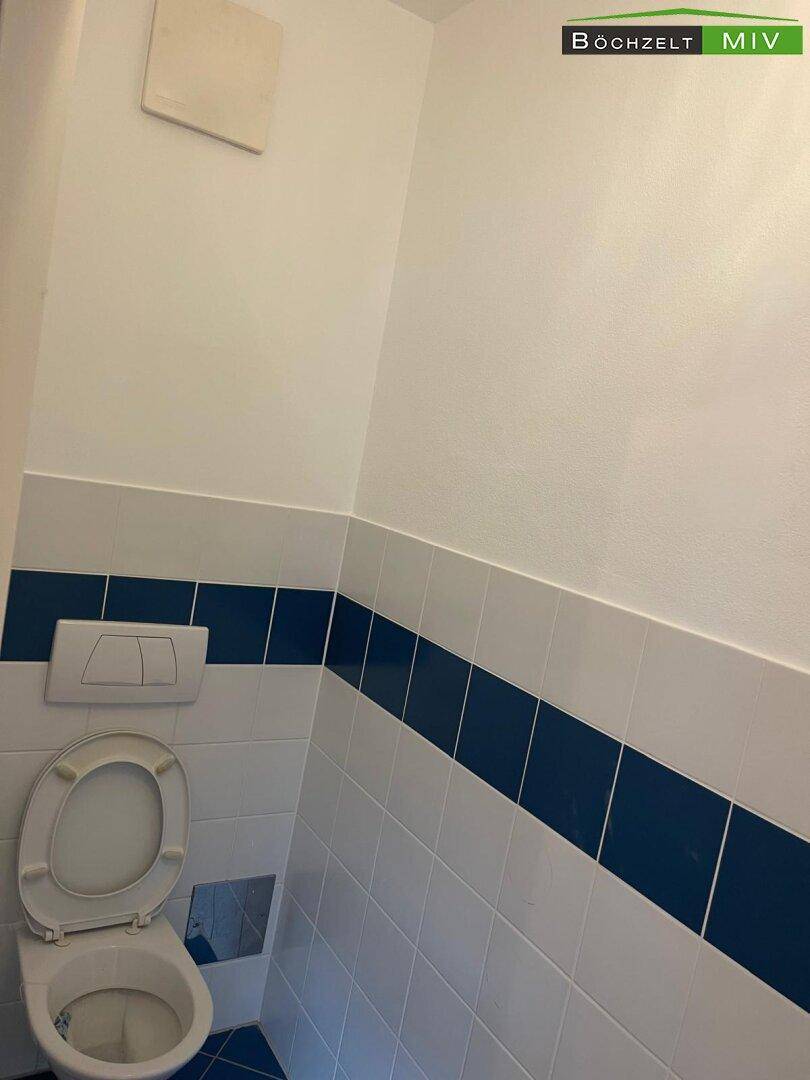 Separates WC mit Toilette und gefliesten Wänden in Weiß und Blau.