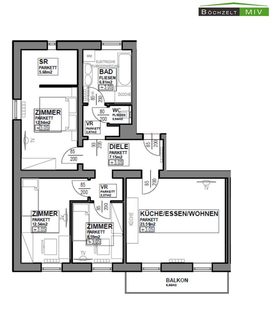 Grundriss einer Wohnung mit drei Zimmern, offener Küche und Balkon.