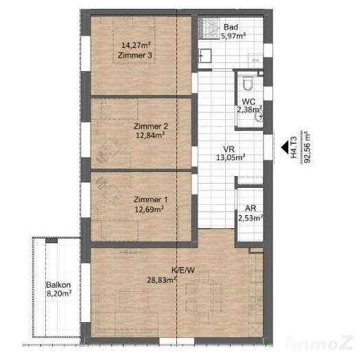 Detaillierter Grundriss einer Wohnung mit drei Zimmern, Bad, WC und Balkon.