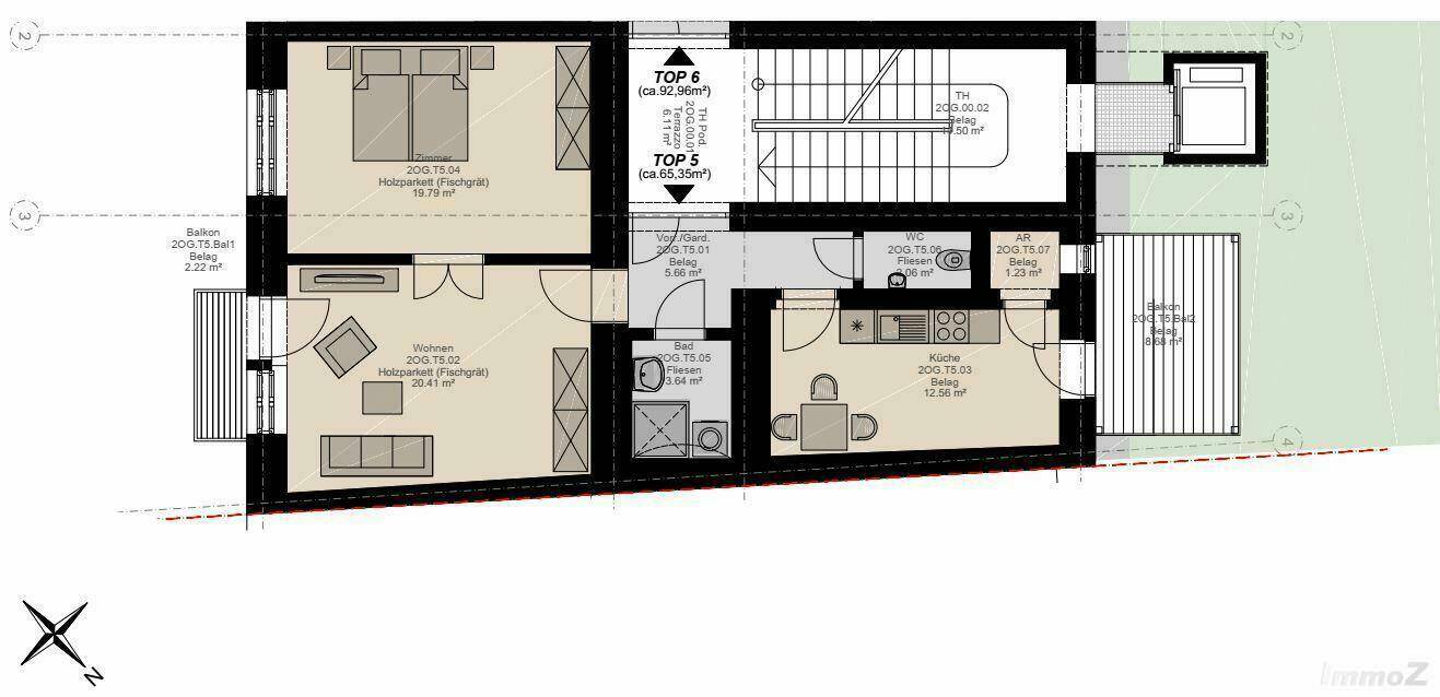 Grundriss einer Wohneinheit mit Schlafzimmer, Wohnbereich, Küche und Balkon.