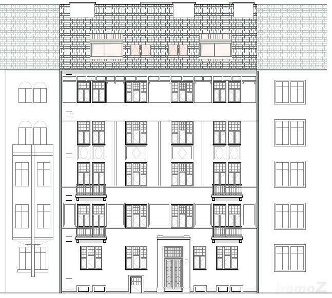 Architektonische Zeichnung der Gebäudefassade mit Balkonen und Satteldach.