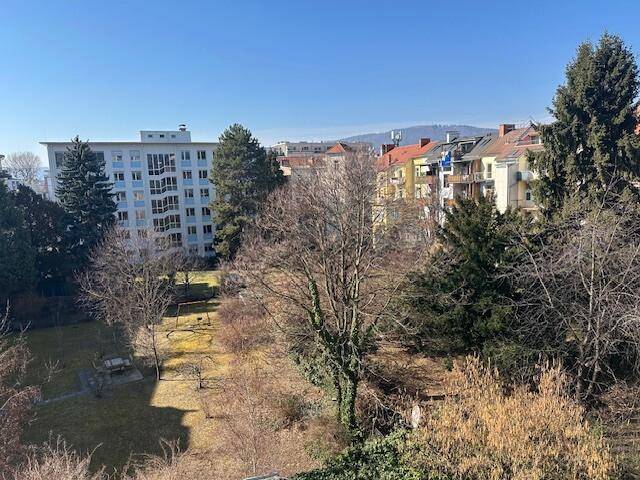 Blick auf die umliegenden Gebäude und grüne Bäume unter blauem Himmel.