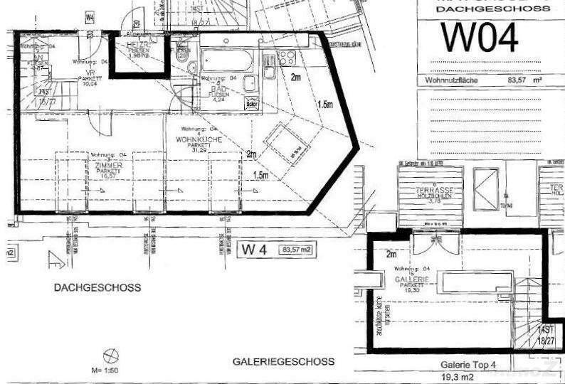 Grundriss des Dachgeschosses und Galeriegeschosses mit Terrasse und Wohnküche.