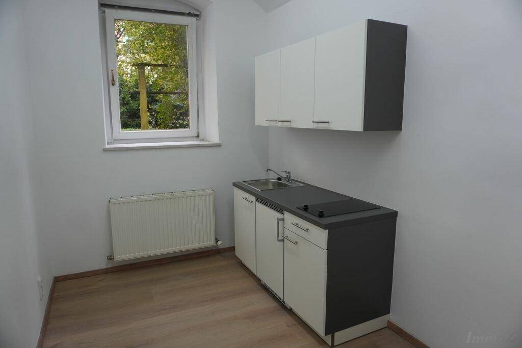 Detailansicht der modernen Küchenzeile mit Spüle und Kochfeld unter einem Fenster, effizient gestaltet.