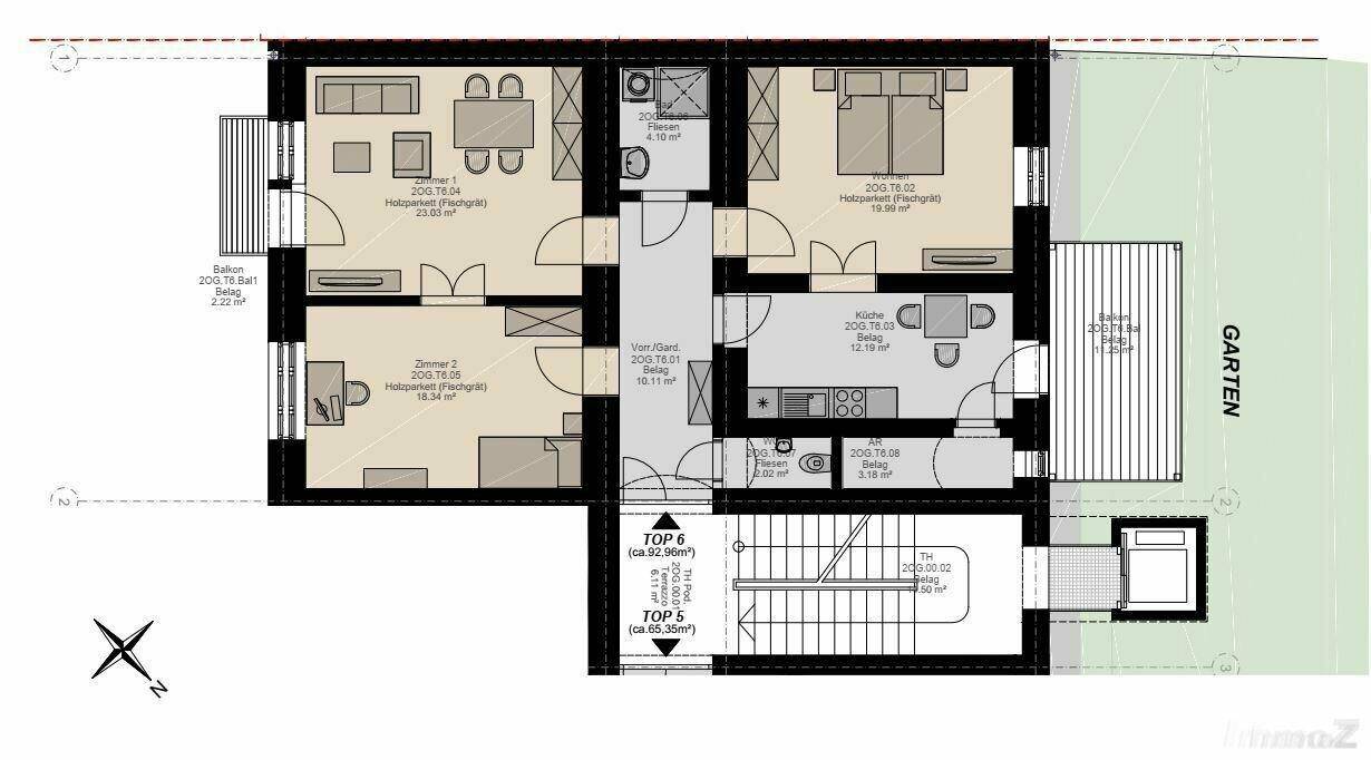 Grundriss einer modernen Wohnung mit offenem Wohnbereich, Balkon und privatem Garten.