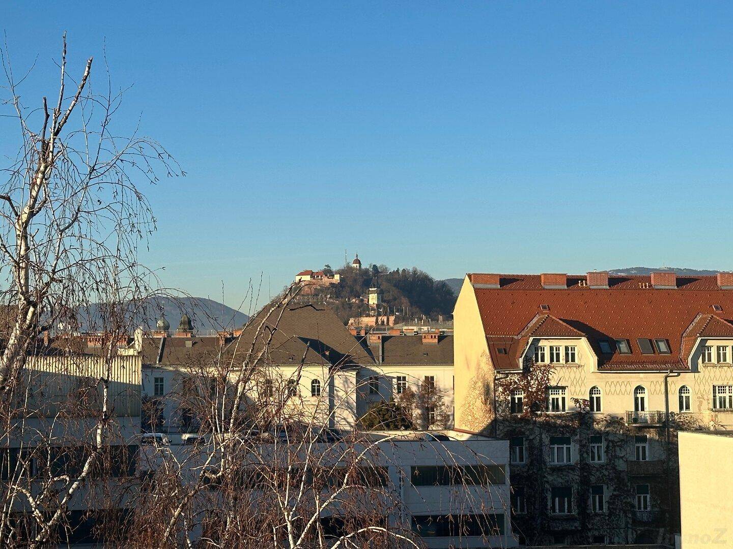 Panoramablick über die Dächer der Stadt mit einer historischen Burg auf einem Hügel in der Ferne.