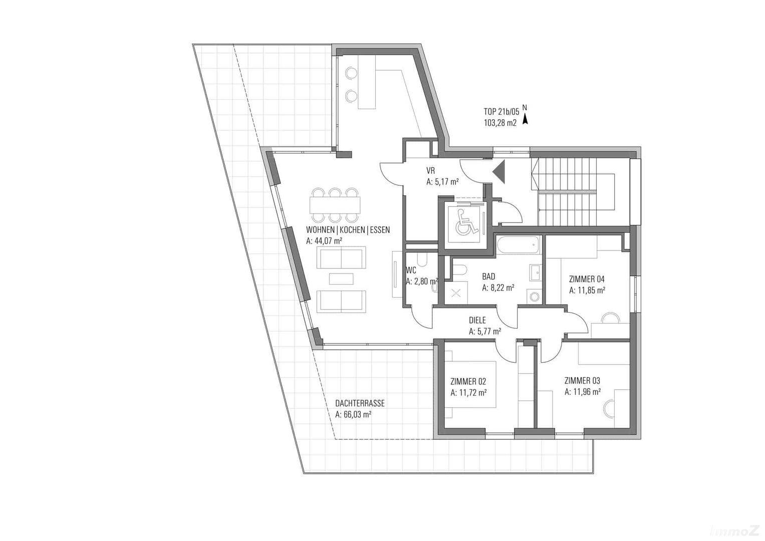 Grundriss einer Wohnung mit offenem Wohn-Essbereich, drei Zimmern, Bad, WC und großer Dachterrasse.
