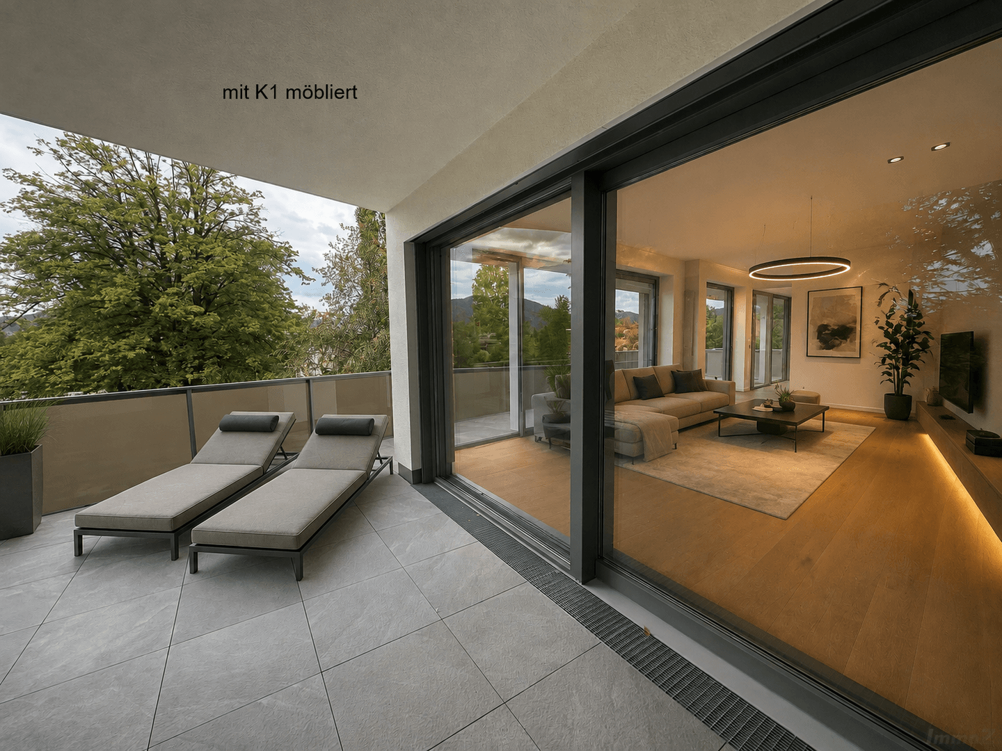 Terrasse und Wohnraum mit K1 gestaltet