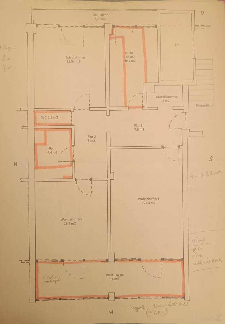 Handgezeichneter Grundriss einer Wohnung mit Ost-Balkon, West-Loggia und separatem WC.
