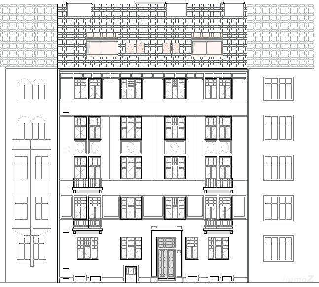 Architektonische Zeichnung der Gebäudefassade mit Fenstern und Balkonen.