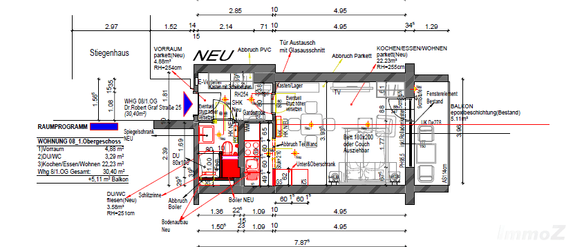 Detaillierter Grundriss einer Wohnung mit Raumaufteilung und Maßen.