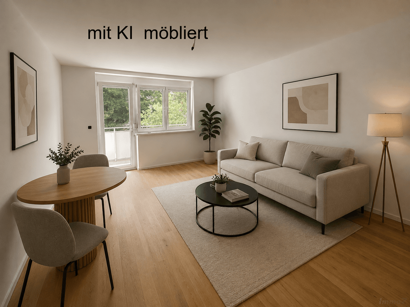 Modern eingerichtetes Wohnzimmer mit hellem Holzboden, Sofa und Zugang zum Balkon.